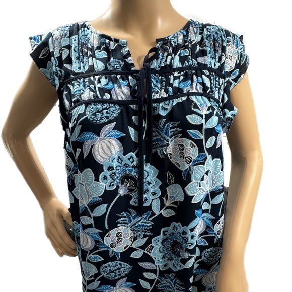 LOFT Floral Boho Peasant Blouse Short Sleeve Womens Sz Small Coastal Blue Multi - Picture 3 of 9